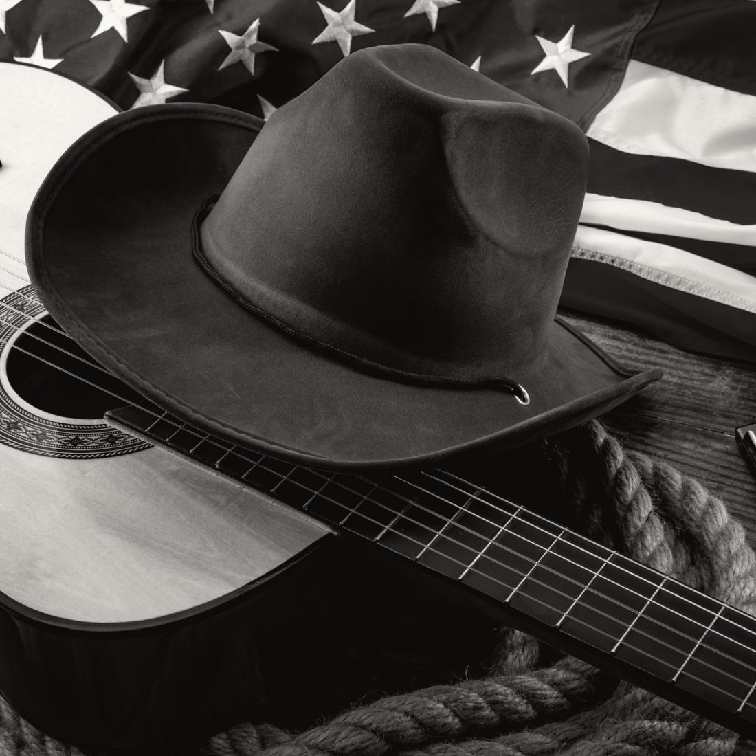 guitar, cowboy hat, usa flag