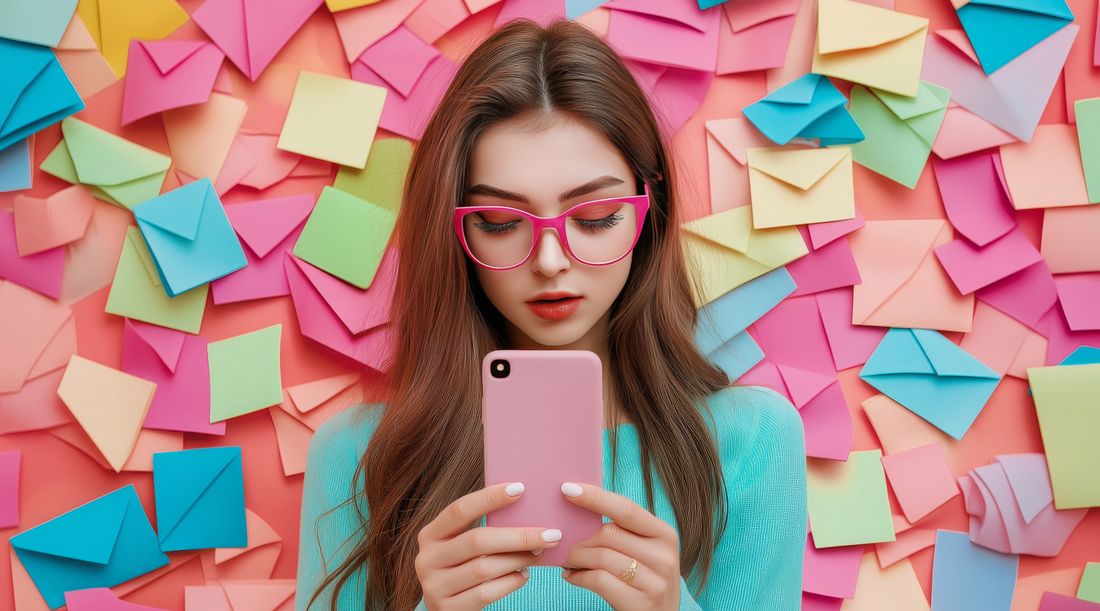 WhatsApp girl with pink glasses pink phone case pink envelope